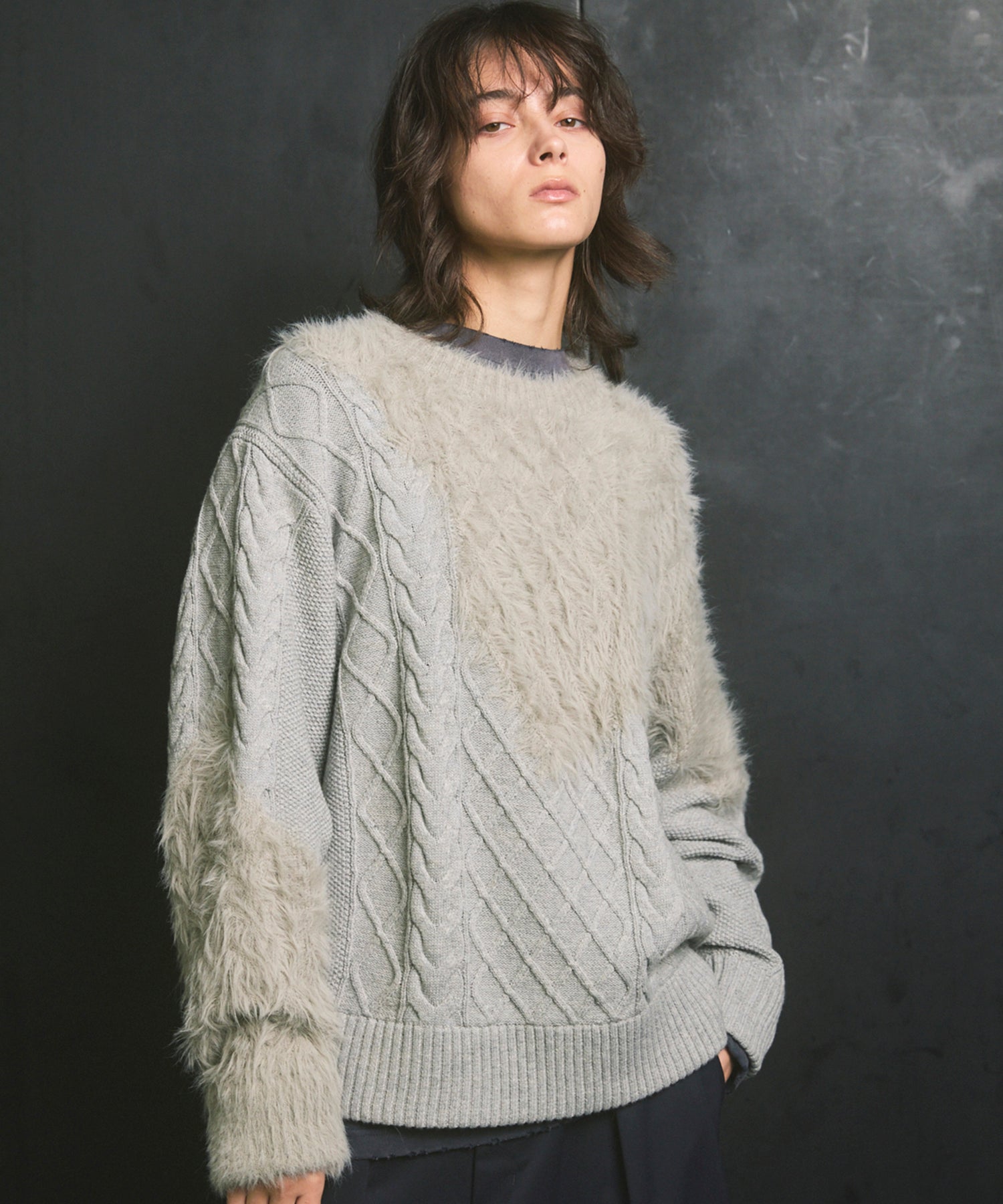 Cable Shaggy Mix Prime-Over Crew Neck Knit Pullover