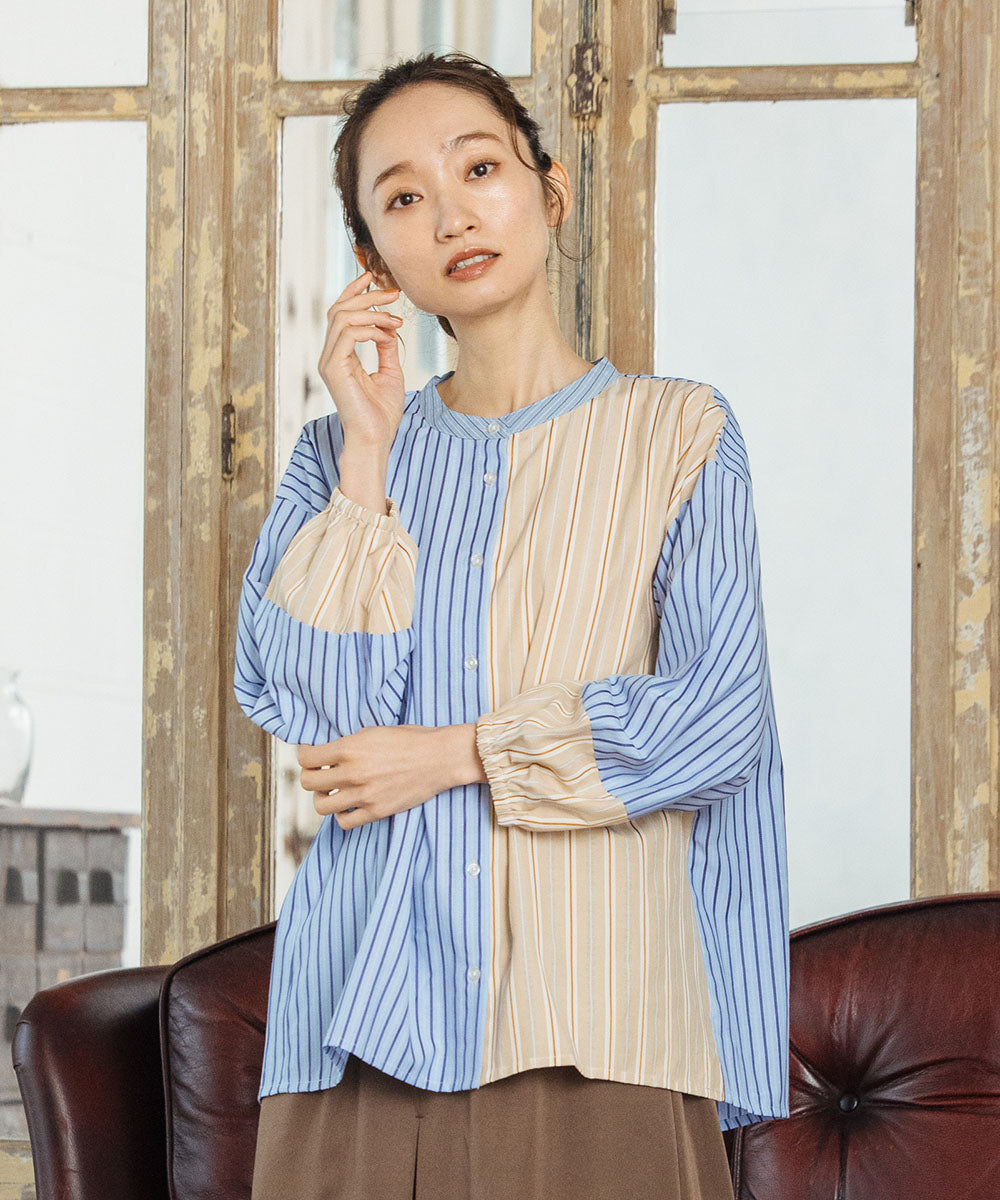 大きいサイズ レディース シャツ ストライプシャツ バンドカラー