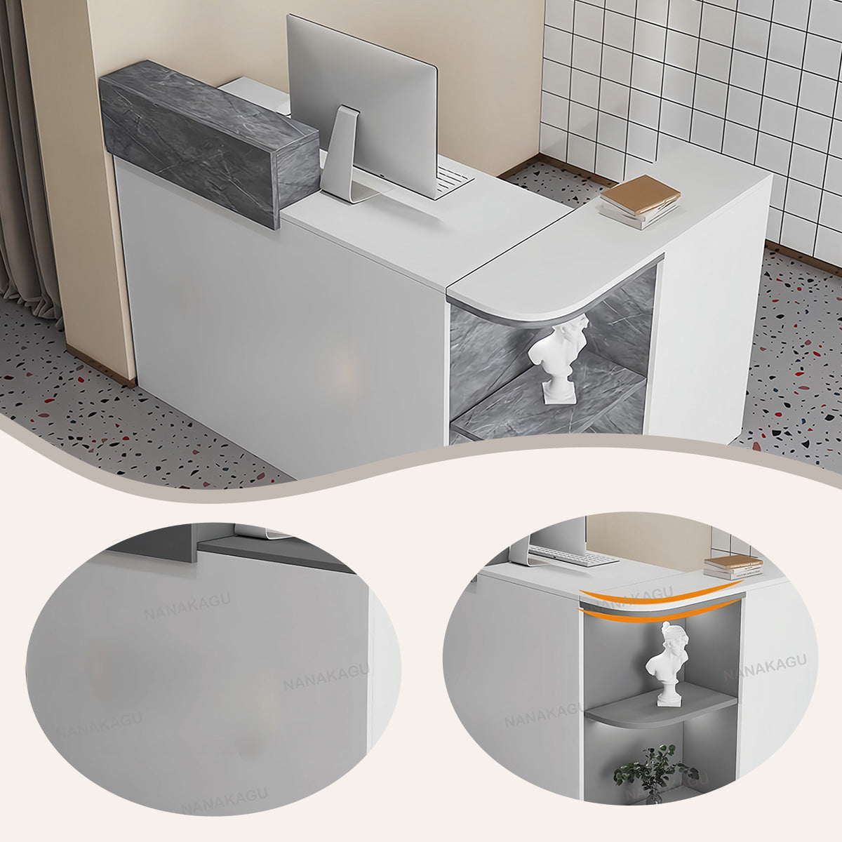 受付カウンター,レジカウンター,L字型,店舗用,鍵ロック,配線穴,展示棚