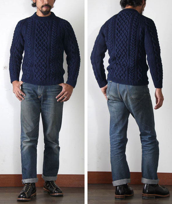 デニムヤーンクルーネックセーター ハンドニット ケーブル編み/全2色