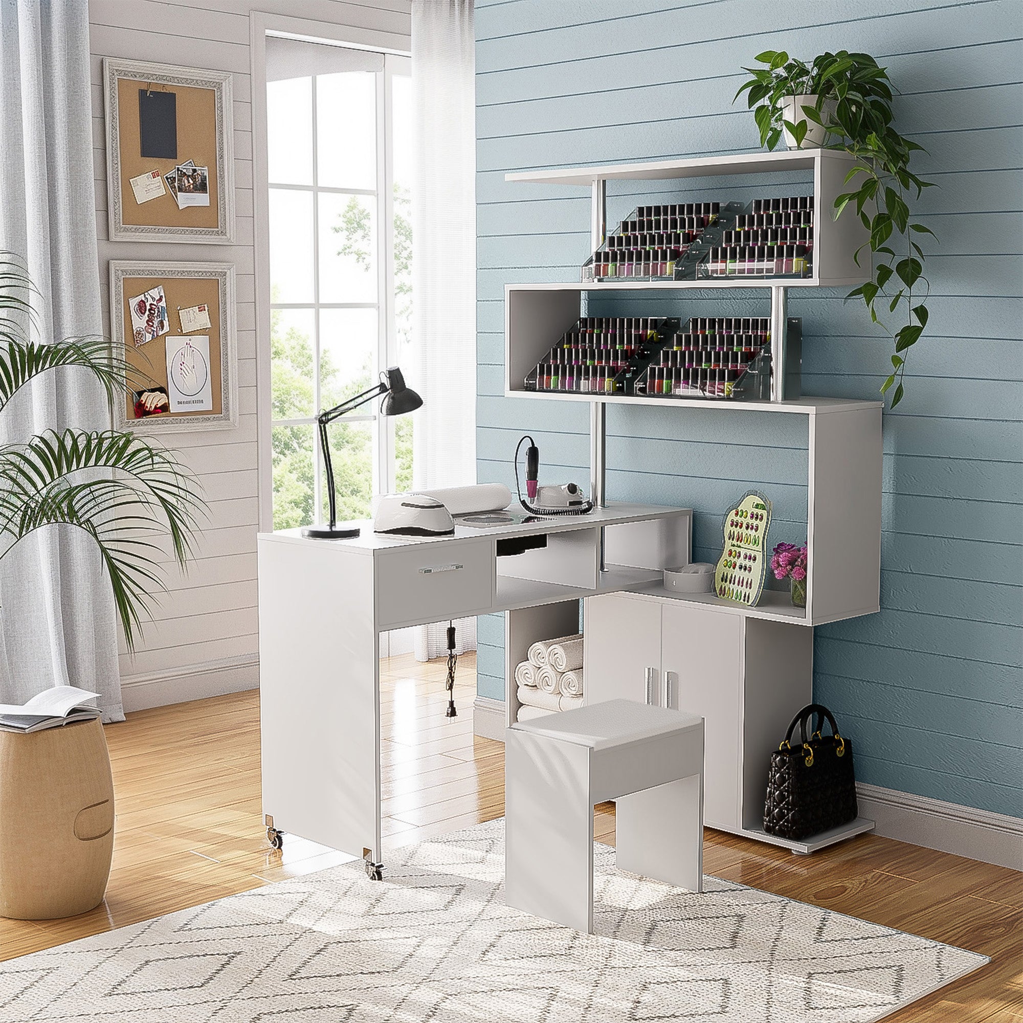 Advwin Rotating Manicure Table Nail Desk with Stool L-Shaped Nail