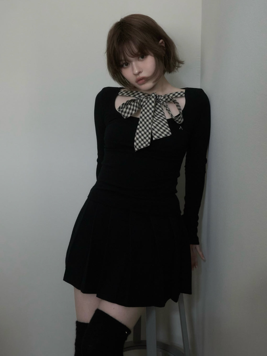 ANDMARY】Ami ribbon check tops