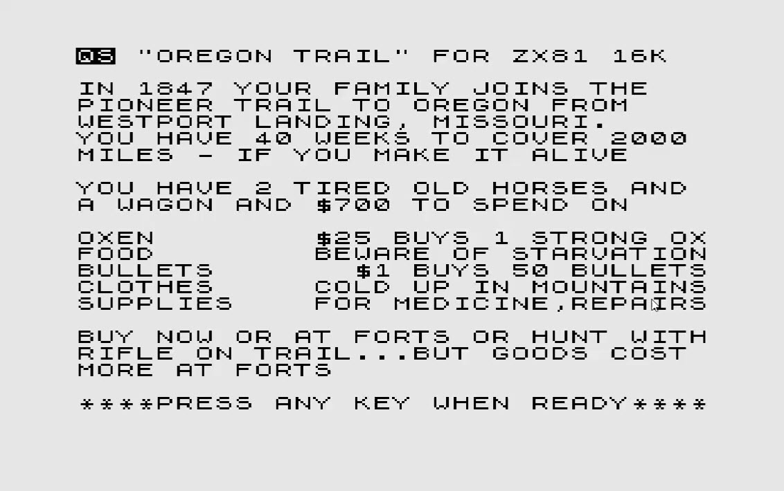 ZX81 – The Oregon Trail | First Light