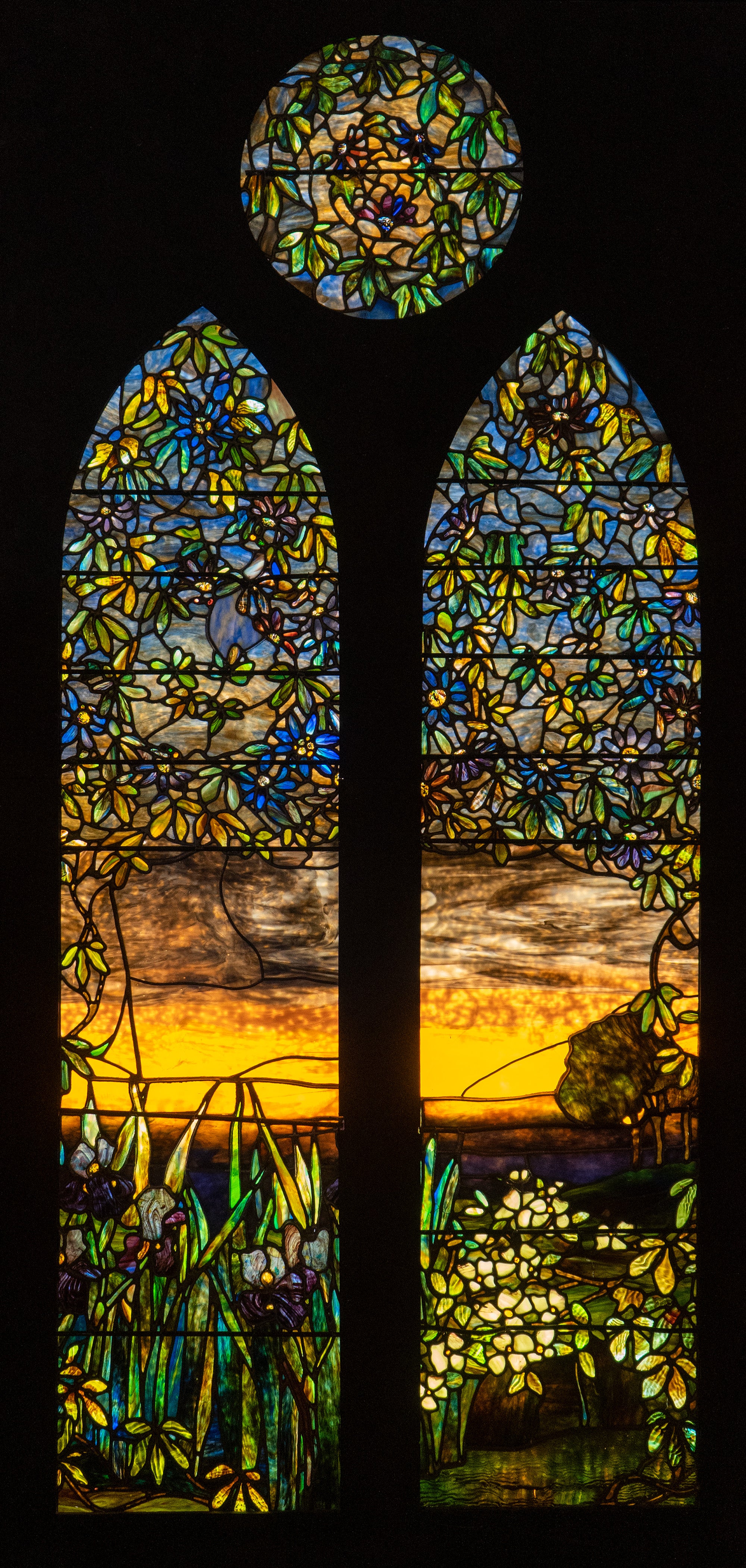 Passionflower, Iris, and Mock Orange Stained Glass Window by