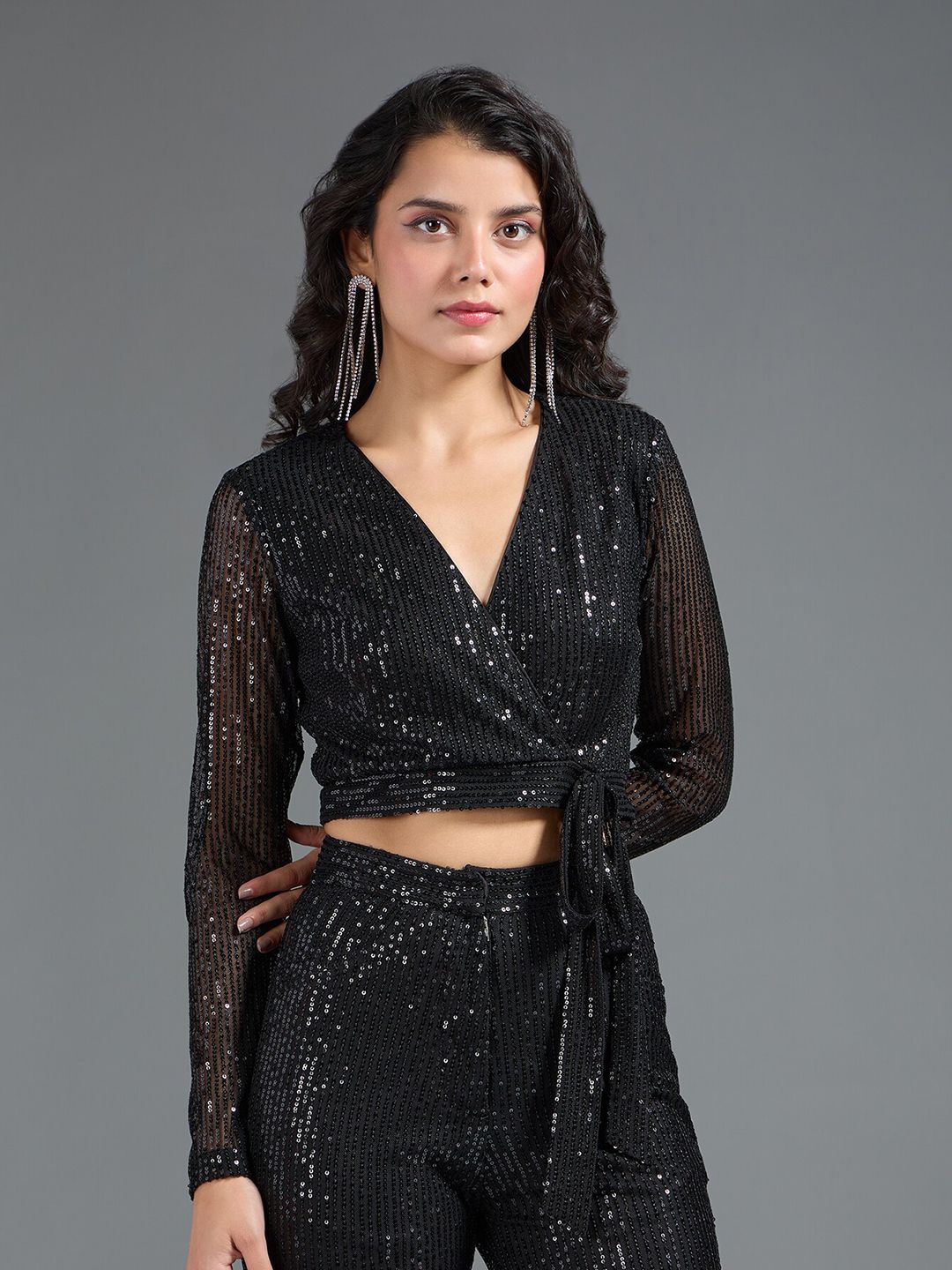Buy 20Dresses Black Embellished V-Neck Sequinned Wrap Crop Top