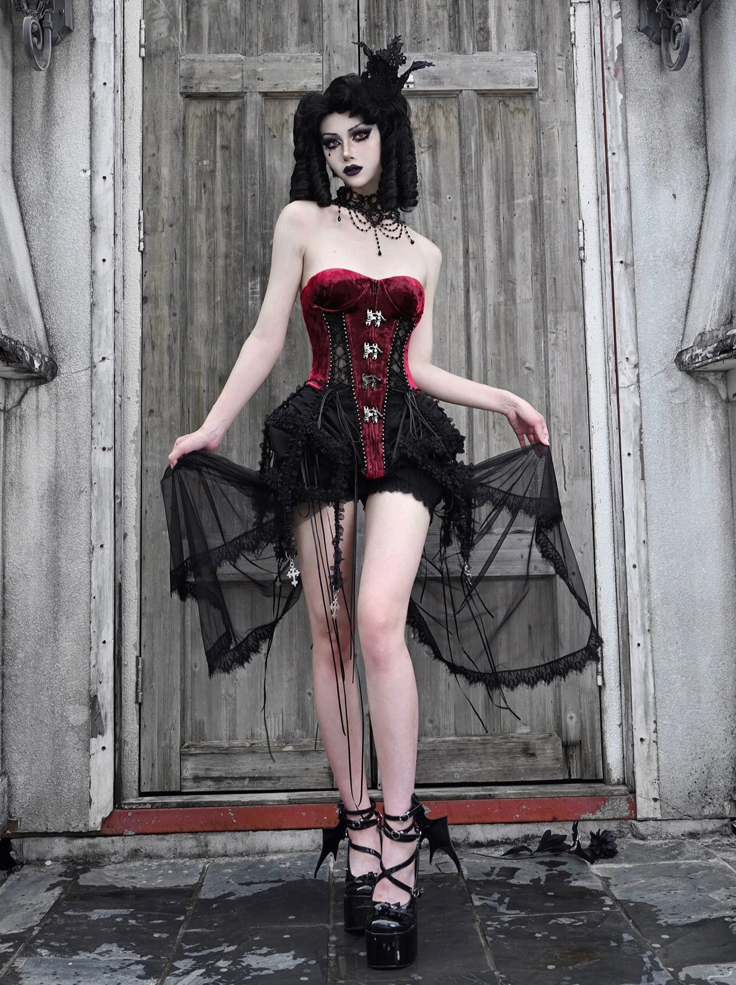 ヘルアリスゴシックダークフィッシュボーンストラップコルセット