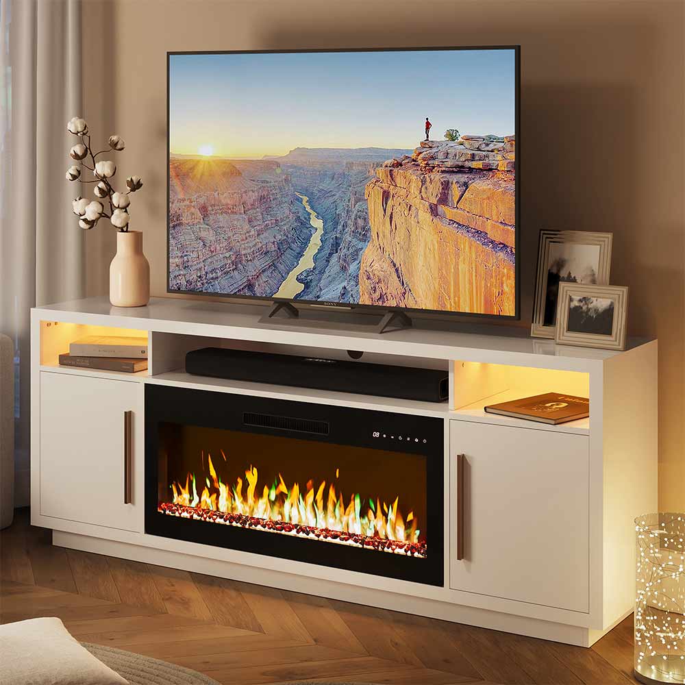 Modern White Fireplace TV Stand with LED Lights for 75 inch TVs