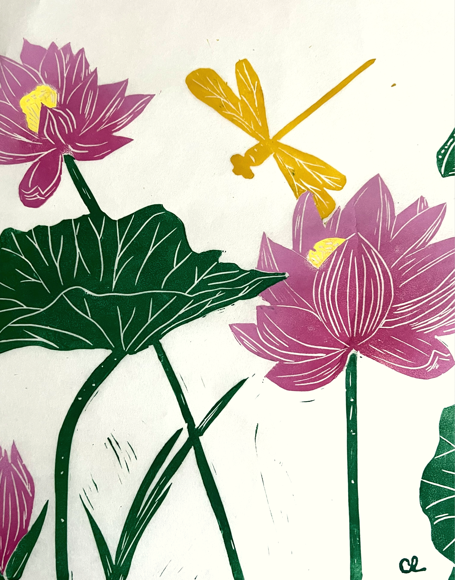 Serene Understanding' Lotus Flowers and Dragonfly, Original