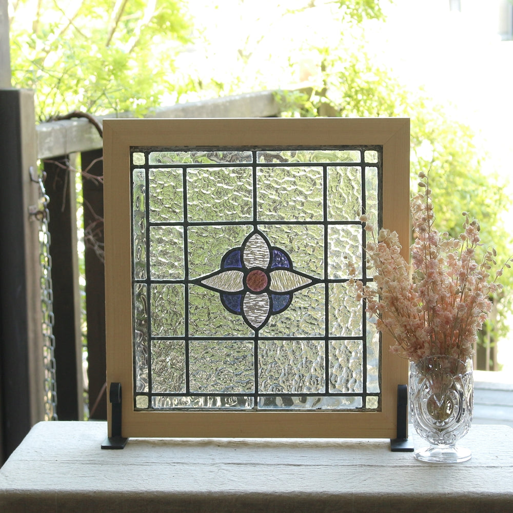 花模様と格子柄のステンドグラス イギリスアンティーク 50.5cm×53cm