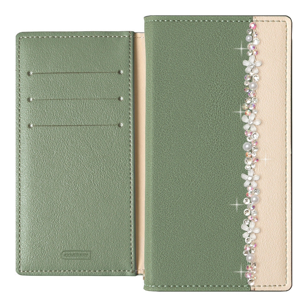 ヴィーガンレザー 表バイカラー フラワーラインデコ スタンド機能 手帳