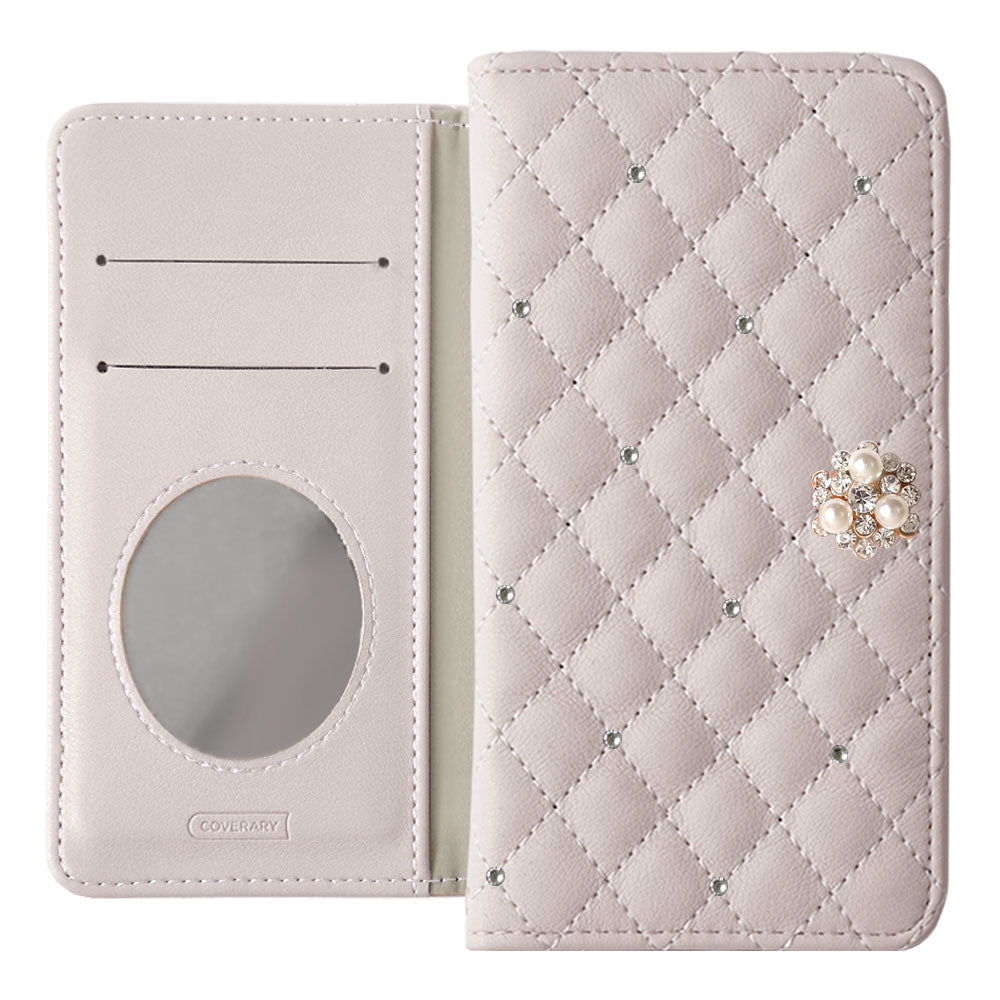キルティング ミラー付き クリスタルパールデコ 手帳型ケース Galaxy