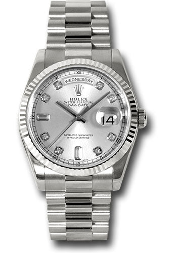 Rolex White Gold Day-Date 36 Watch - Fluted Bezel - Silver Diamond Dia