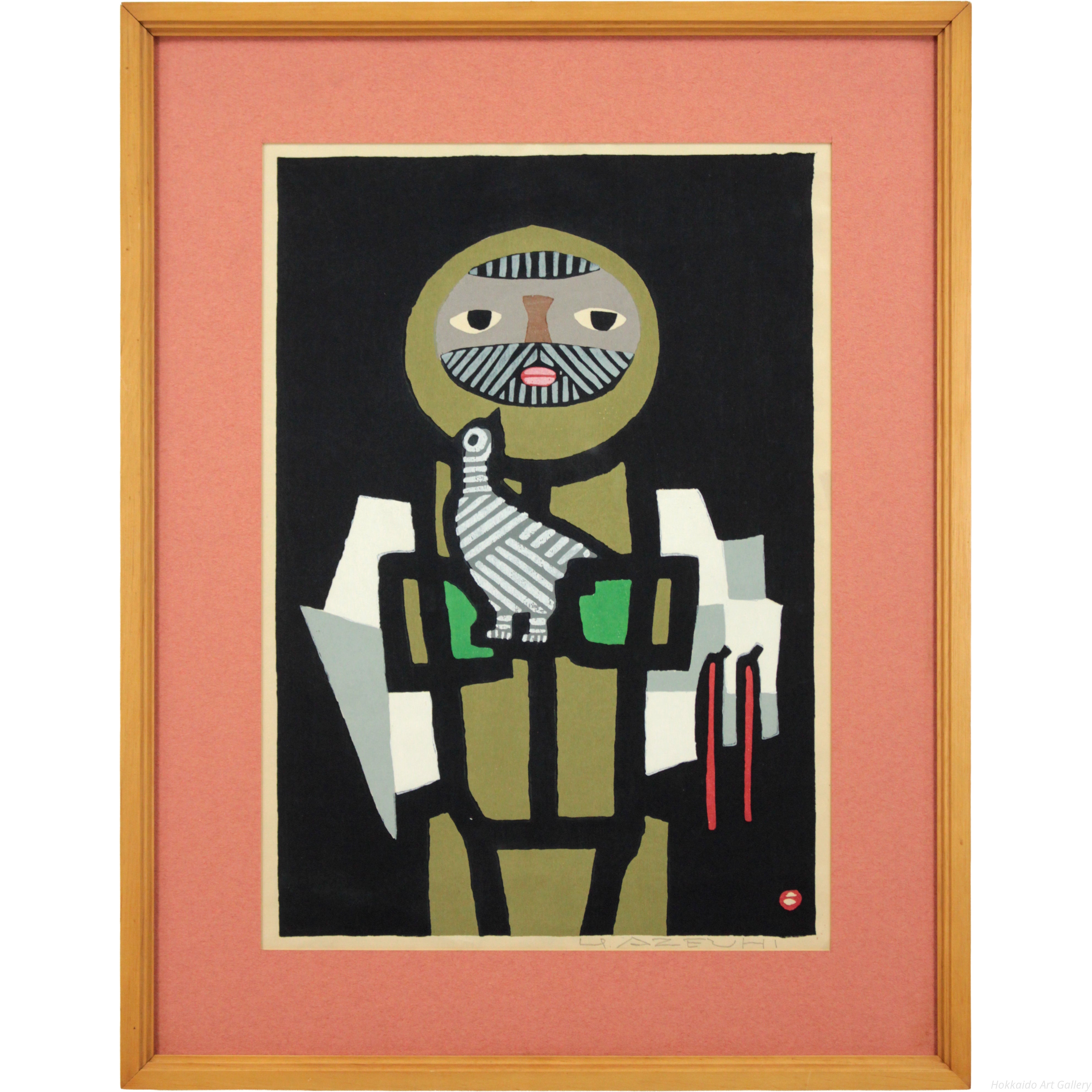 畦地梅太郎 『鳥と山男』 木版画 - 北海道画廊