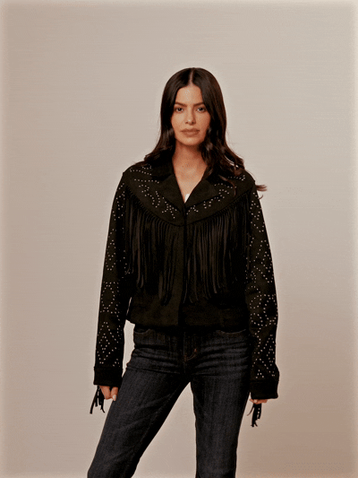 Blair Fringe and Studded Faux Suede Snap Jacket