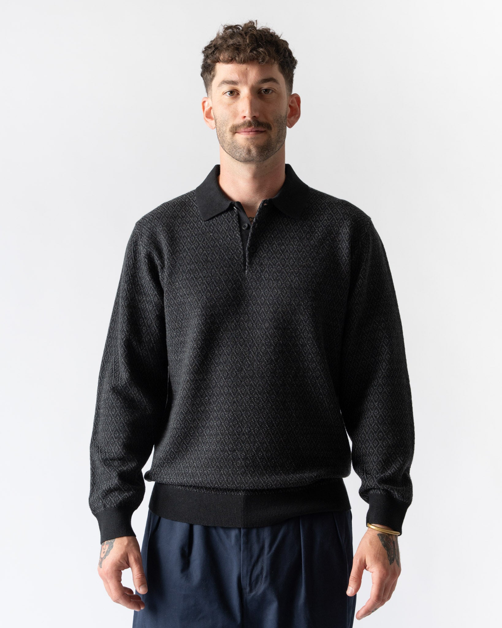 Beams Plus Knit Polo in Diamond Pattern Black Curated at Jake and