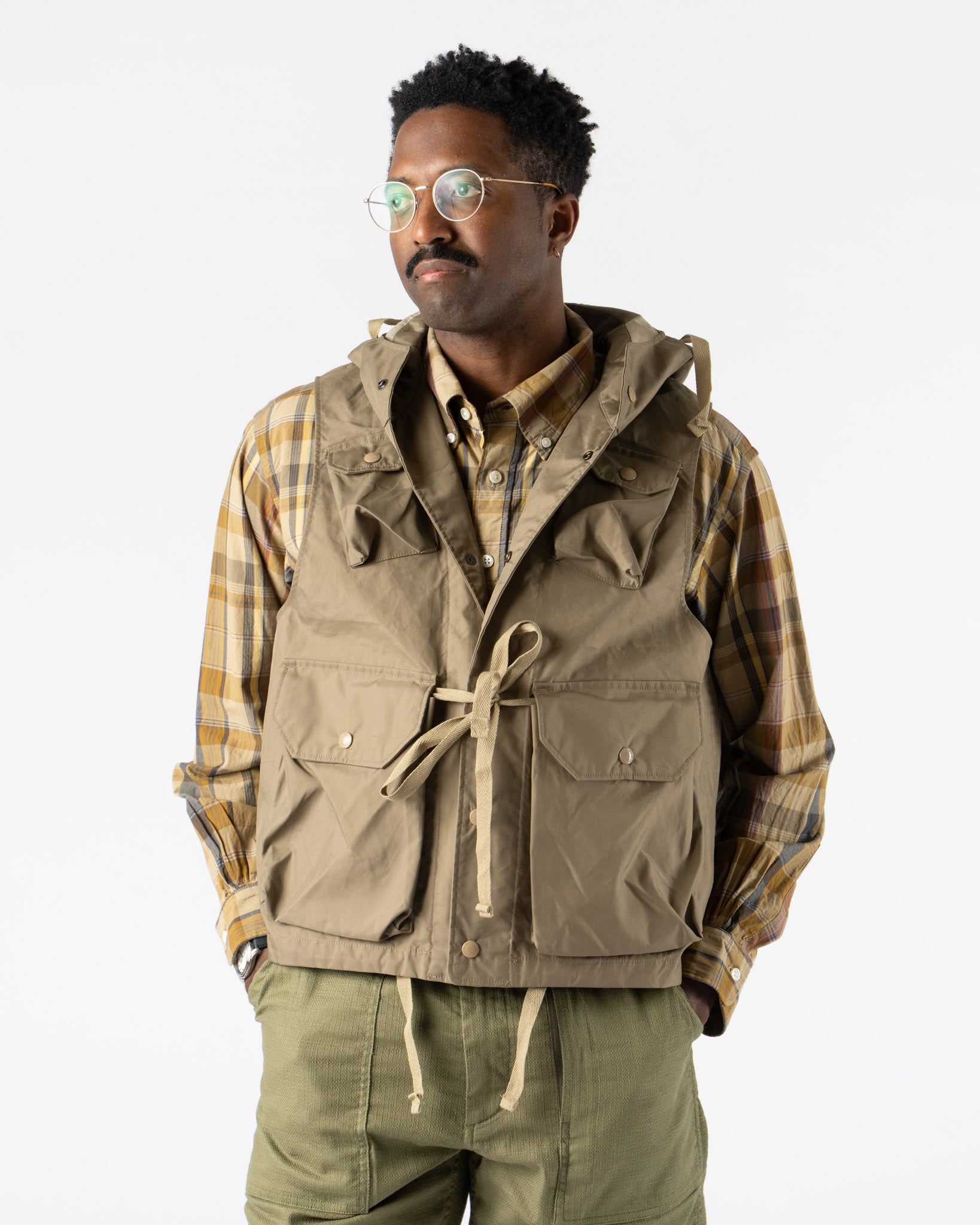 Engineered Garments Field Vest in Khaki 3 Layers Nyco Curated at