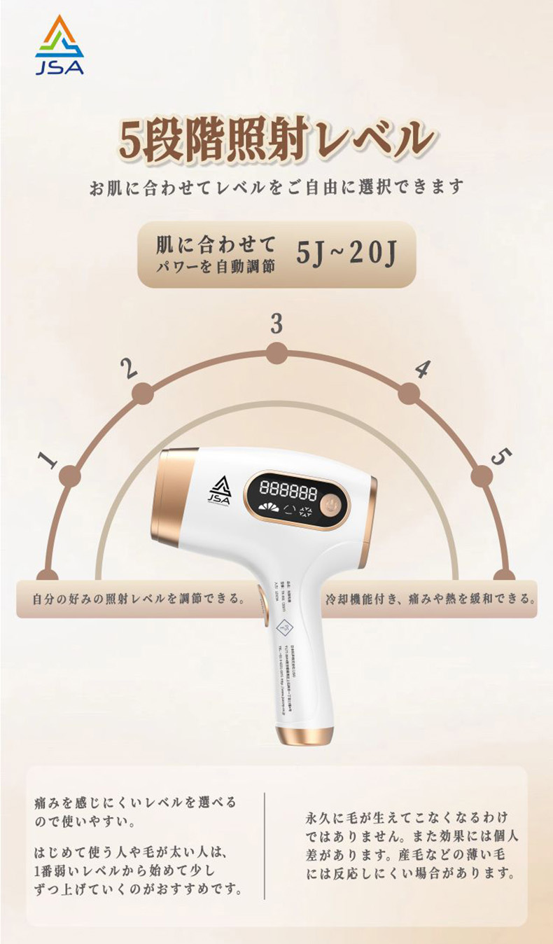 JSA 脱毛器 無痛脱毛 自動照射 90万発5段階 全身適用 VIO対応 家庭用