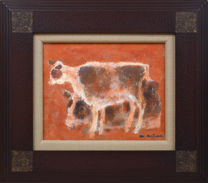 小島真佐吉「二頭の牛」油絵・F3号 絵画買取・販売の小竹美術