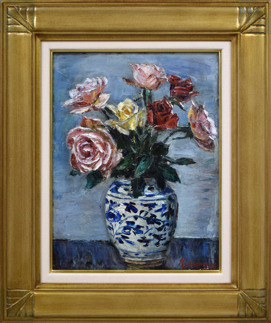 肉筆 油彩 絵画 真作 花瓶の花 美術品 静物画 インテリア 薔薇の作家