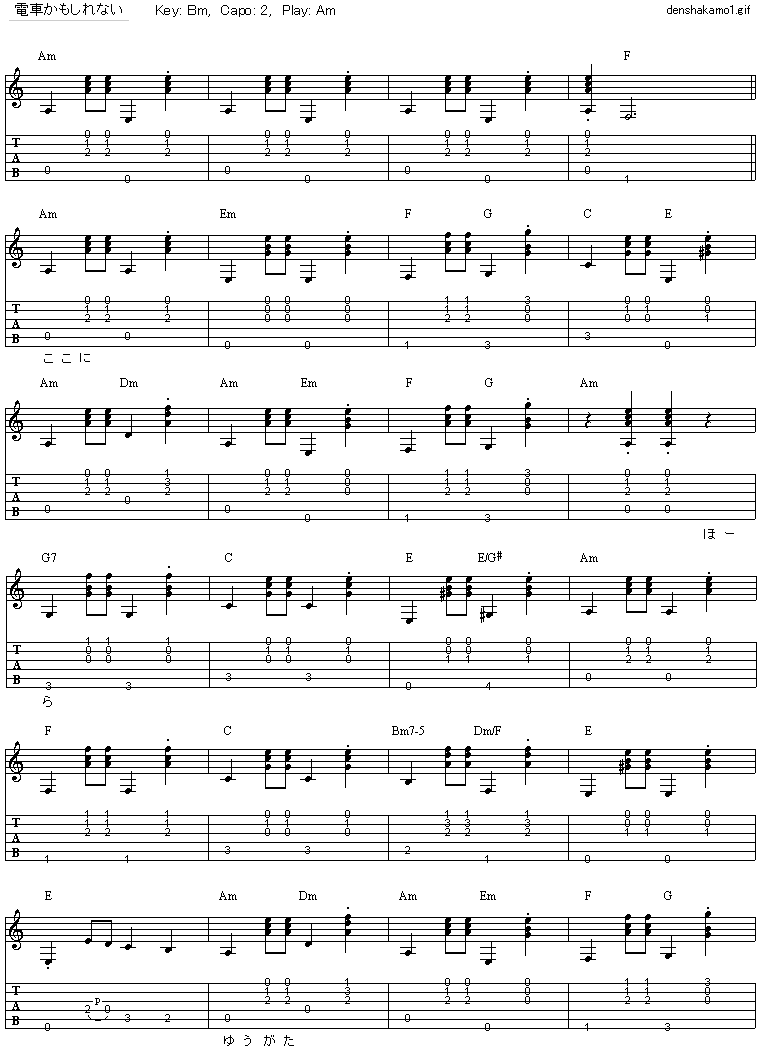 電車かもしれない たま ギター弾き語りタブ譜 : ギター弾き語りタブ譜など