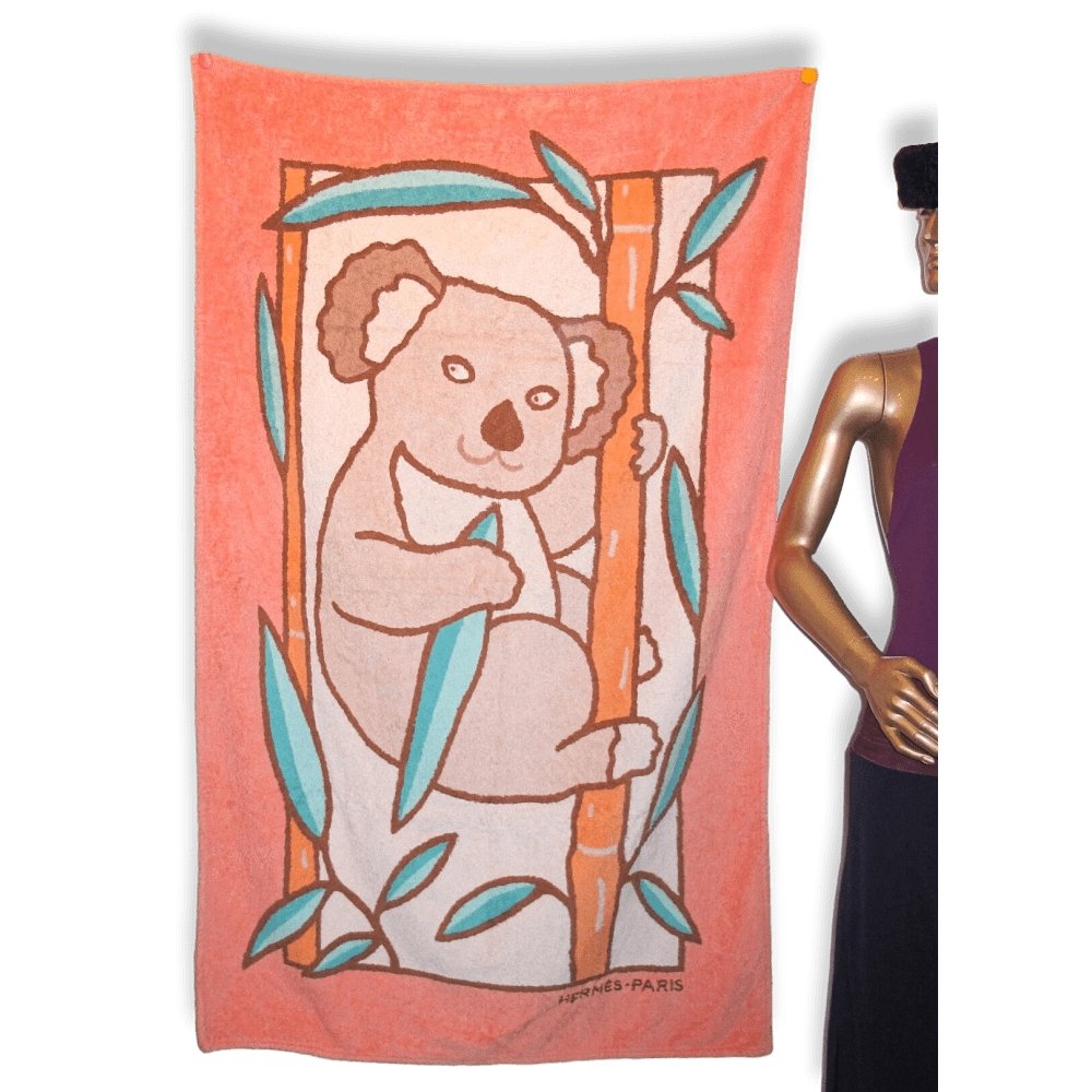 Hermes Vintage Orange Pink Koala Cotton Terry Animal Print Towel