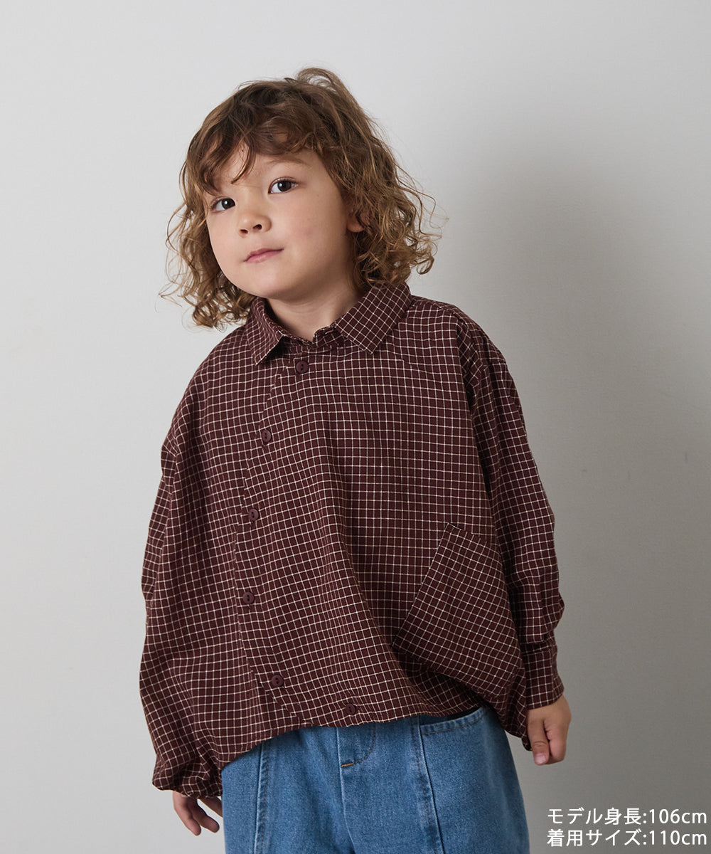 ラウンドアシンメトリーデザインチェックシャツ