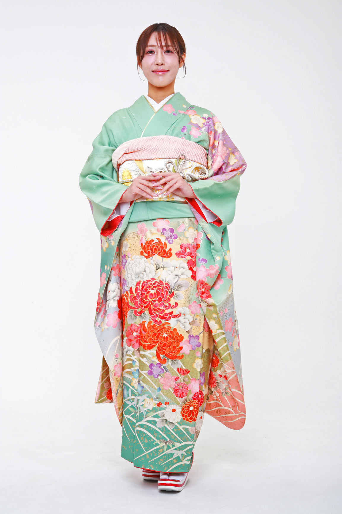 振袖 緑 ピンク 花柄 古典 - 