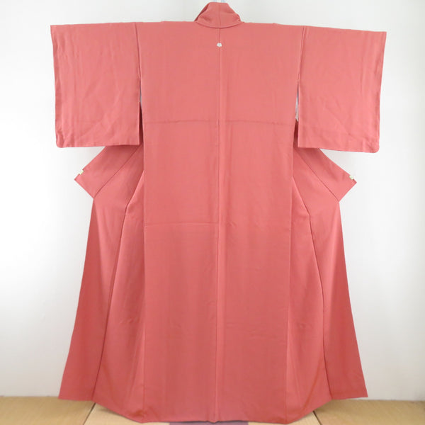 色無地 袷 広衿 桃橙色 正絹 一つ紋 蔦紋 共八掛 仕立て上がり着物