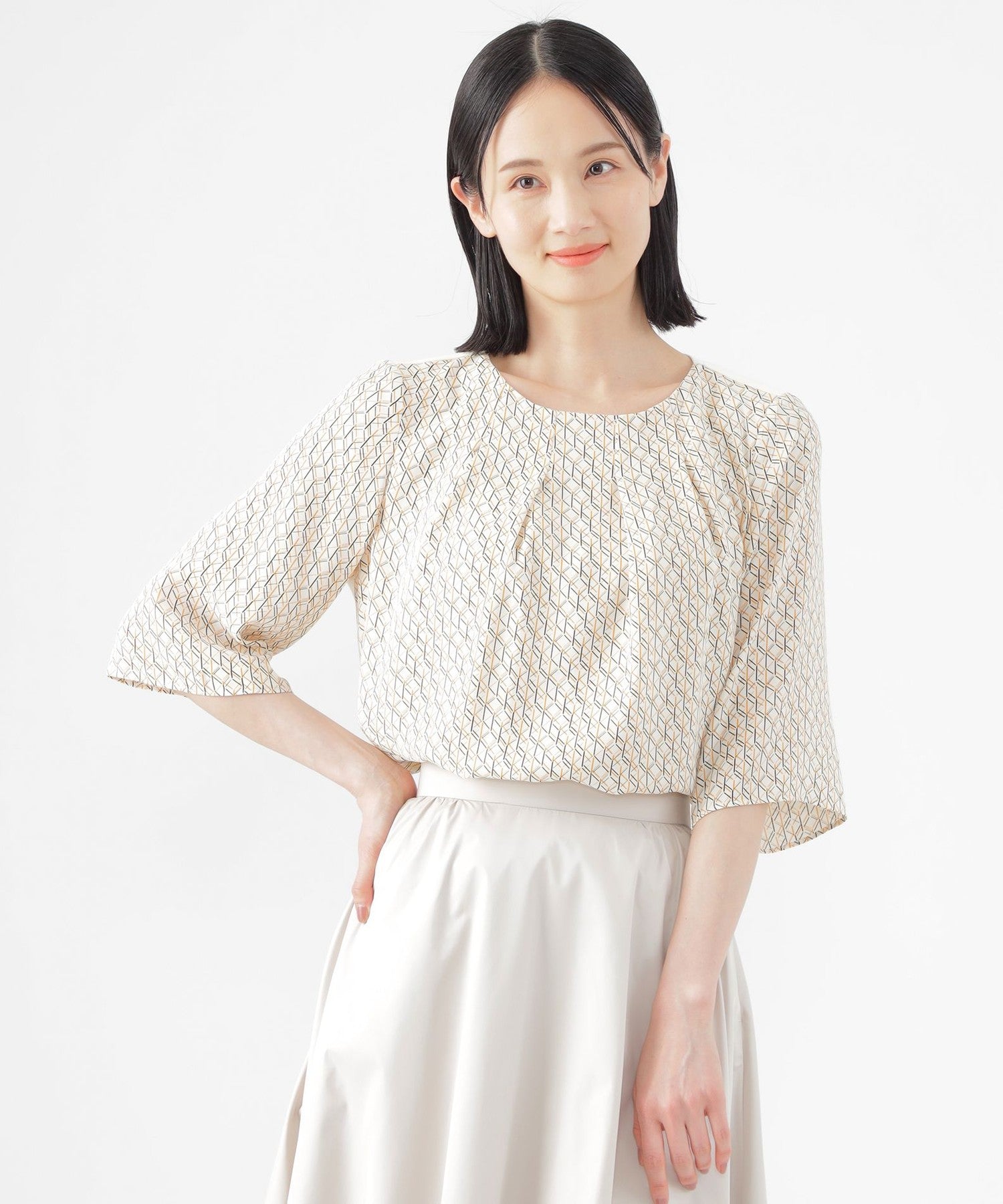 ウォッシャブル】ラインキューブプリントコンビブラウス(トップス