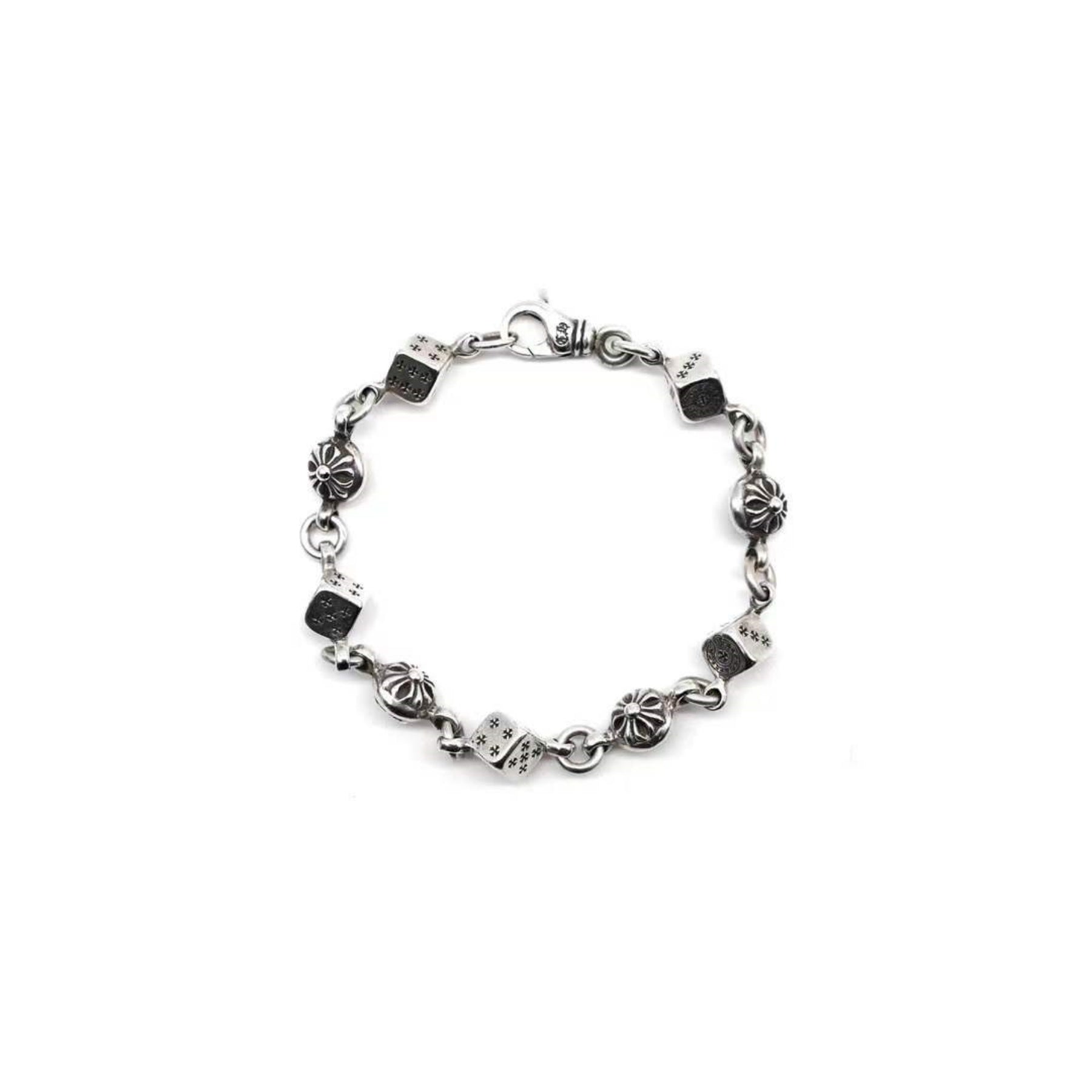 Chrome Hearts Silver Dice Cross Ball Lobster Clasp Bracelet