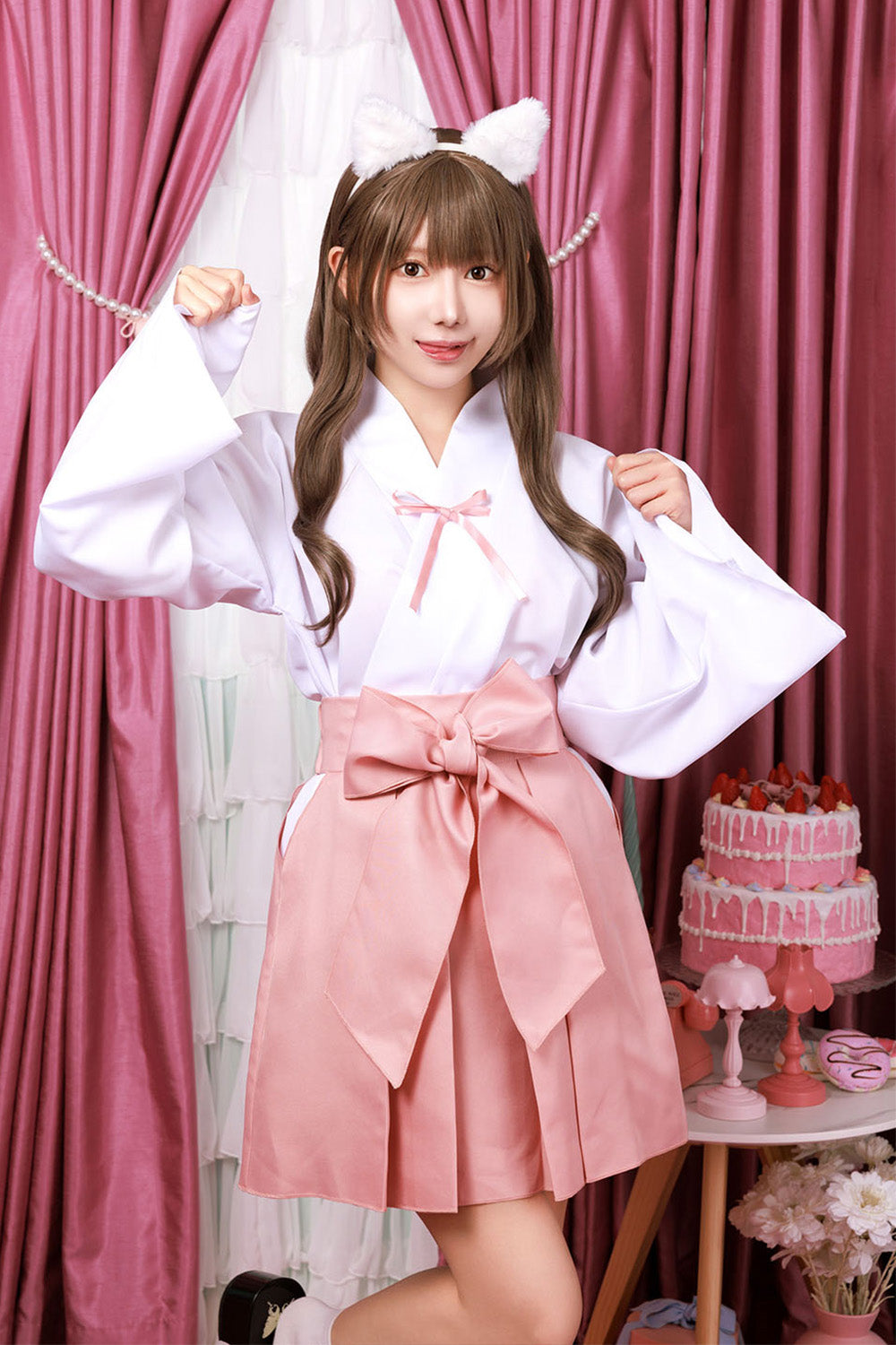 コスプレ アニマル ねこ 巫女 マカロンキャット ピンク巫女 レディース