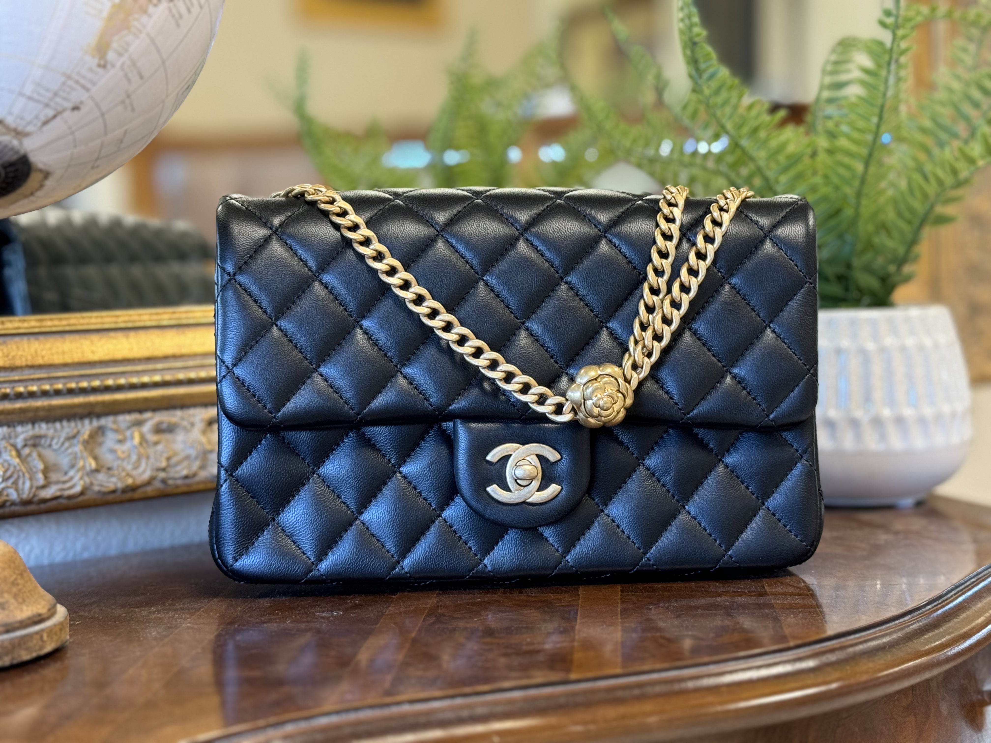 Chanel Medium Camellia Crush Flap Bag Black Lambskin Antique Gold