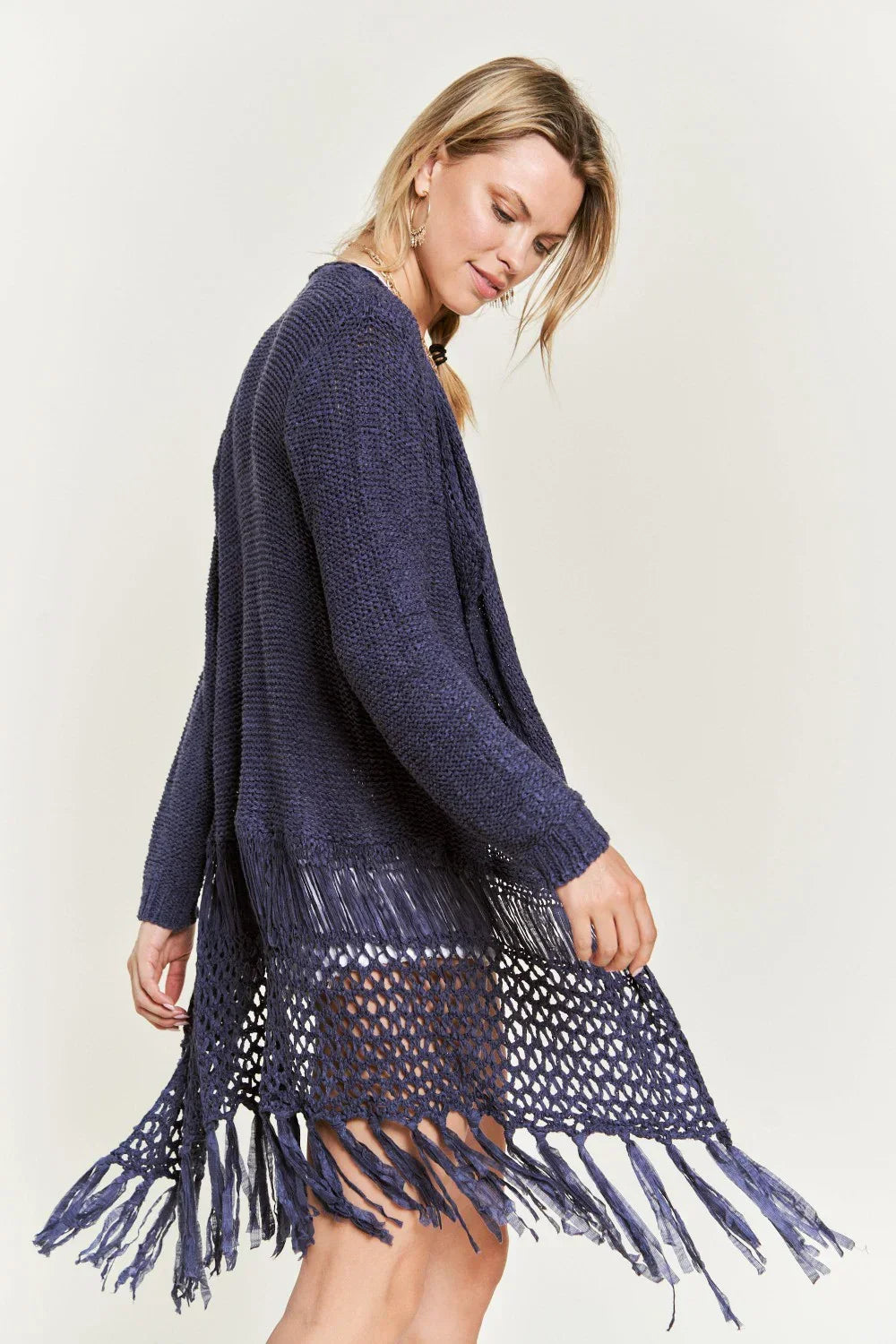 Boho Fringe Long Sleeve Crochet Detail Festival Layering Open Front Ca