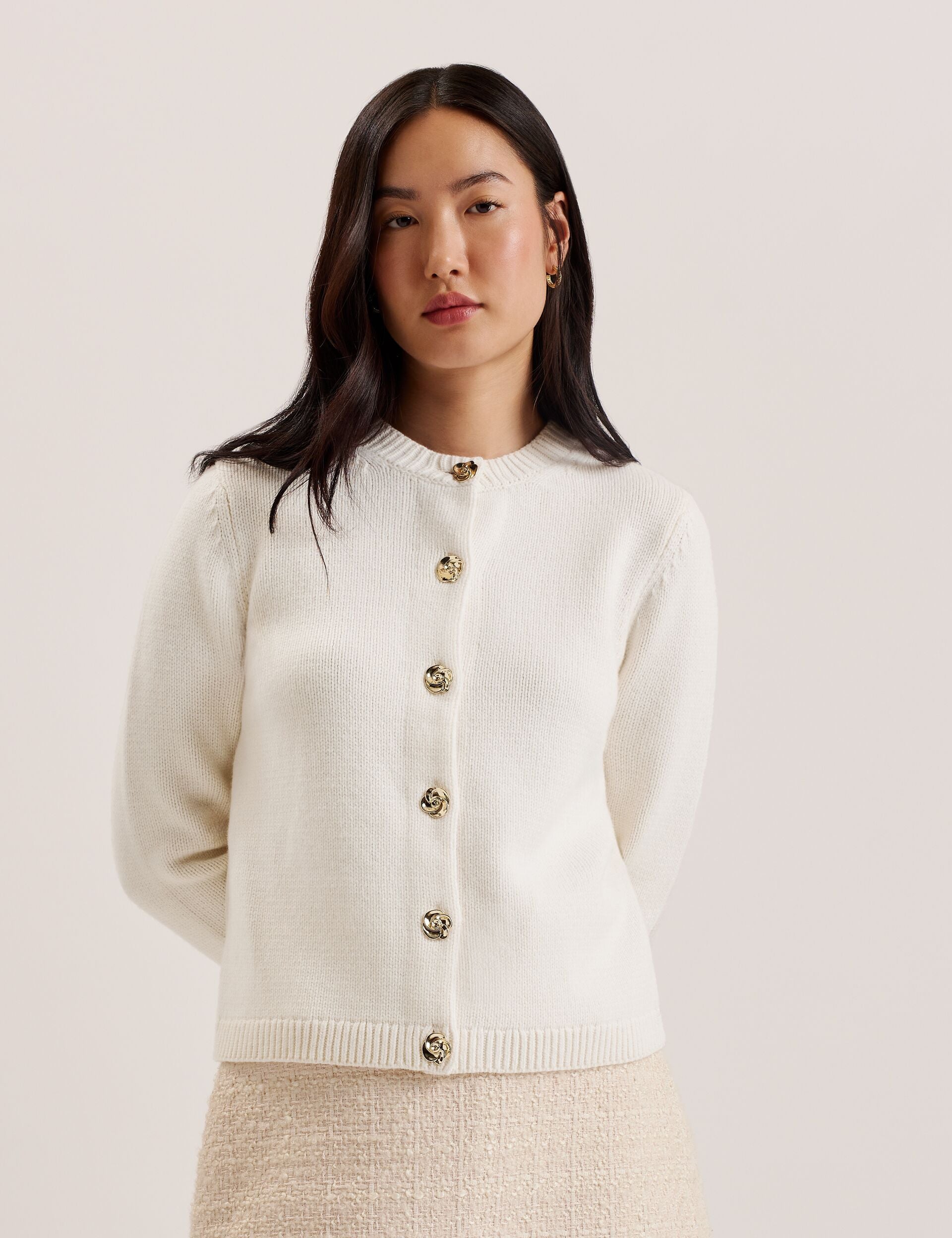 Ivory Rose Button Knitted Crew Neck Cardigan | Jaycey | Ted Baker US