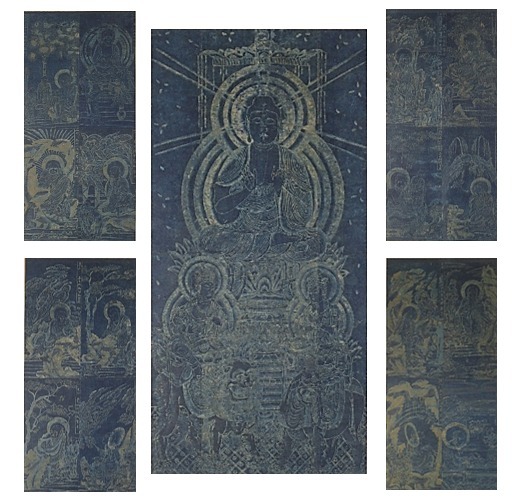 紺紙金泥釈迦三尊十六羅漢像／兵庫県太子町