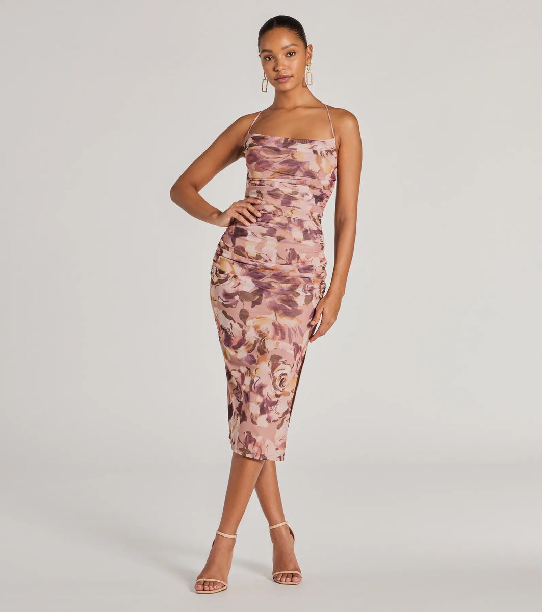 Floral Energy Lace-Up Bodycon Slit Midi Dress | Windsor
