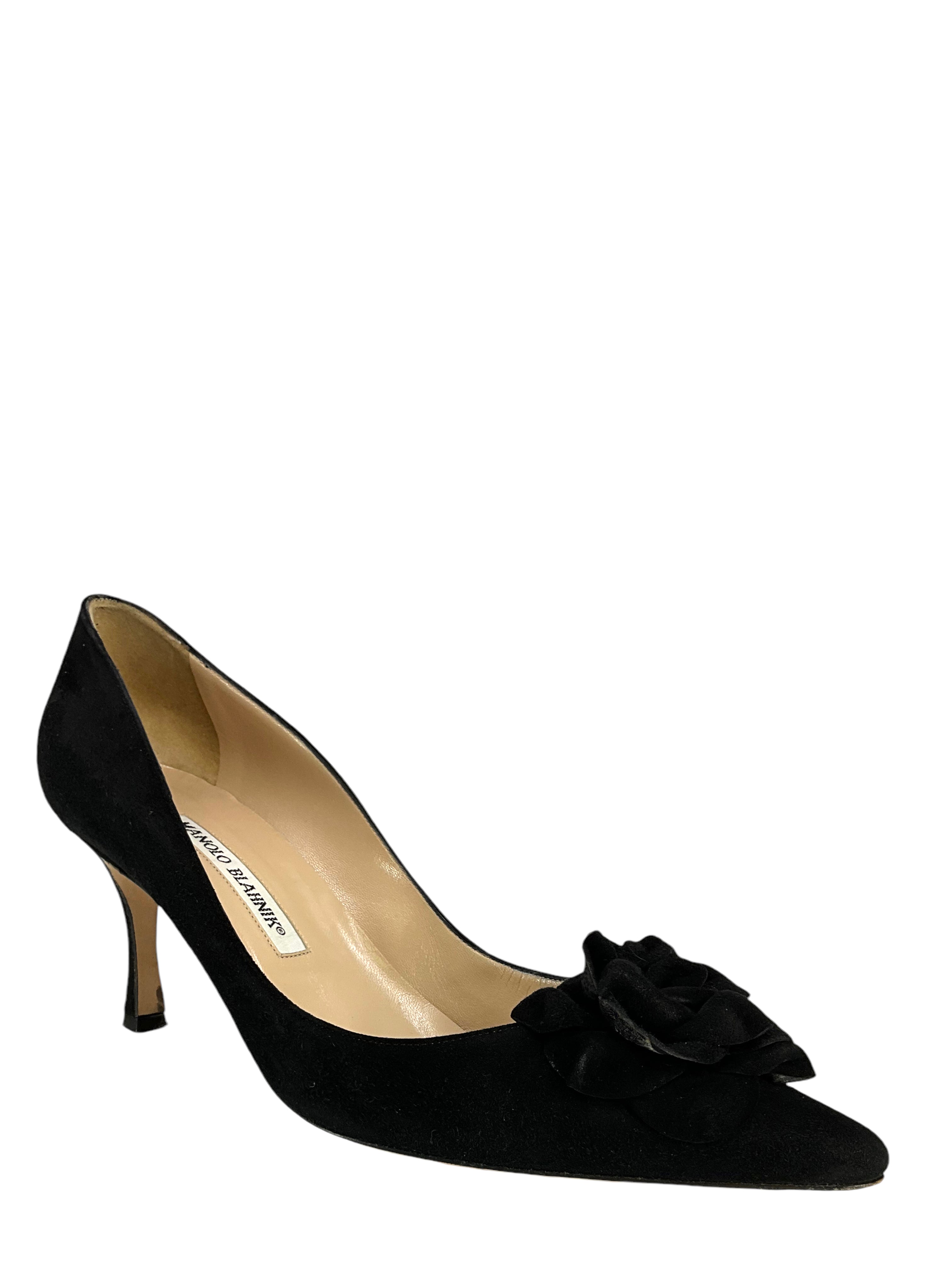 Manolo Blahnik Lisa Flower Suede Pumps Size 8.5 - Consigned Designs