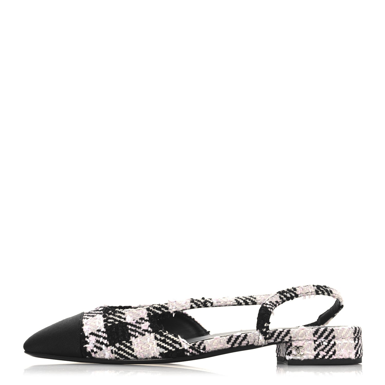 Chanel Tweed Cap Toe CC Slingback Flats 41 Black Pink White