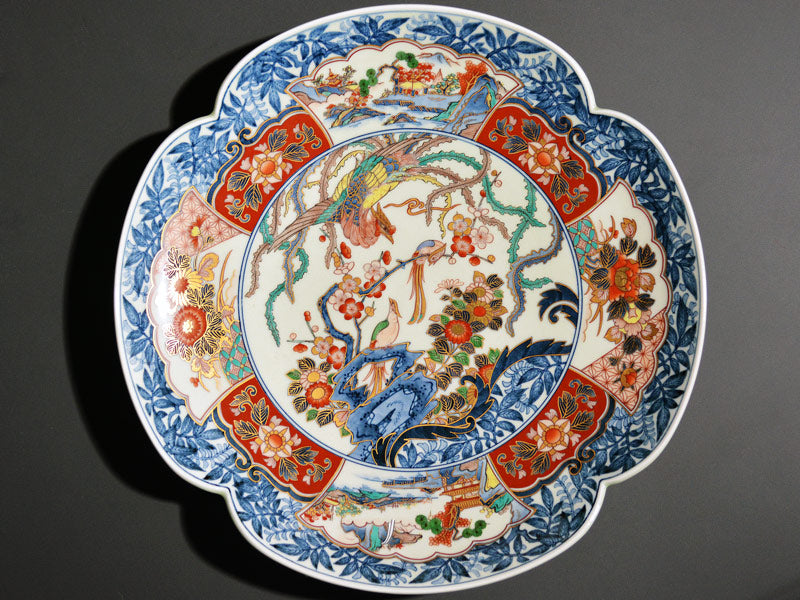 献上手古伊万里焼】飾大絵皿 染錦本金鳳凰吉祥地紋