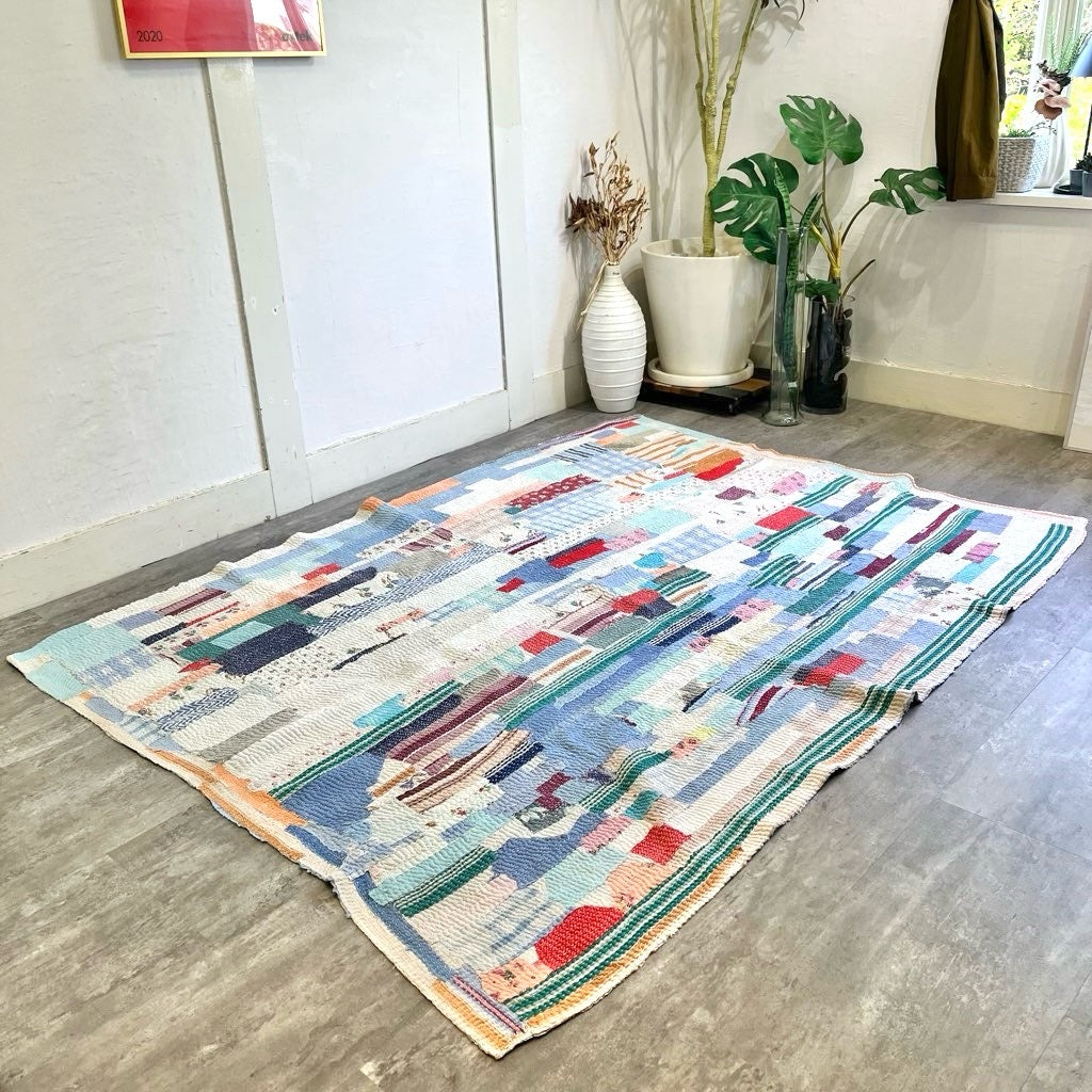 ラリーキルト ラグ パッチワーク ステッチ ブルー ヴィンテージ 中古