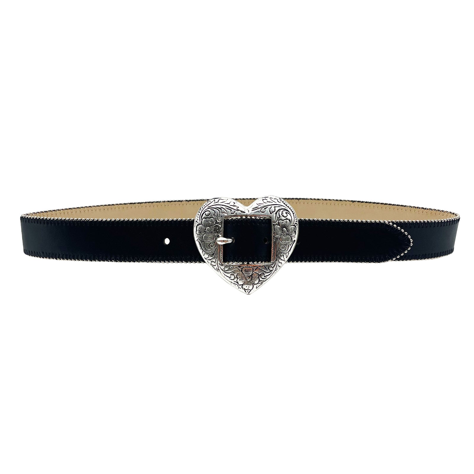 Heart Belt - Black Italian Leather Silver Heart Belt | Streets