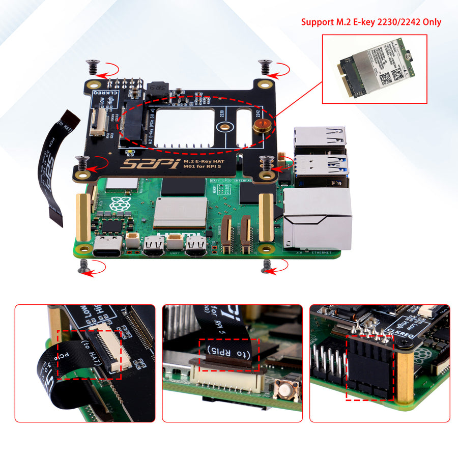 52Pi M01 PCIe M.2 E-Key NVMe SSD PCIe Peripheral Board for