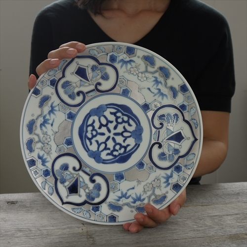 有田焼/福珠窯/染付銀蘭手/古伊万里松竹梅9寸平皿 /Φ27 X H1