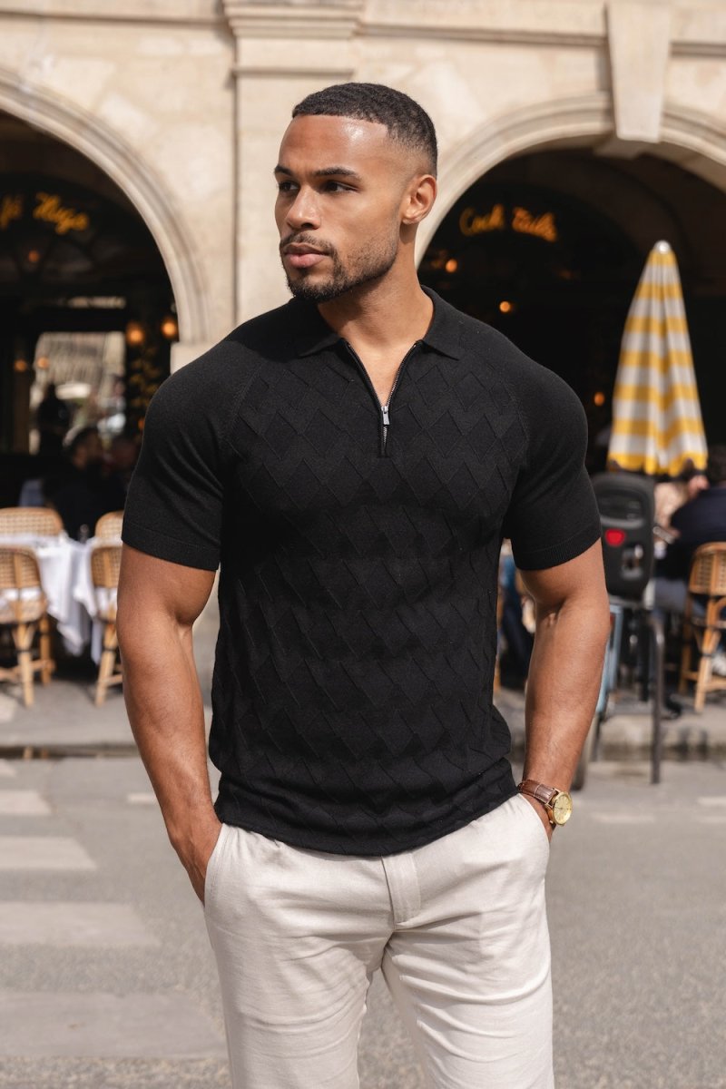 Diamond Jacquard Knitted Polo Shirt in Black
