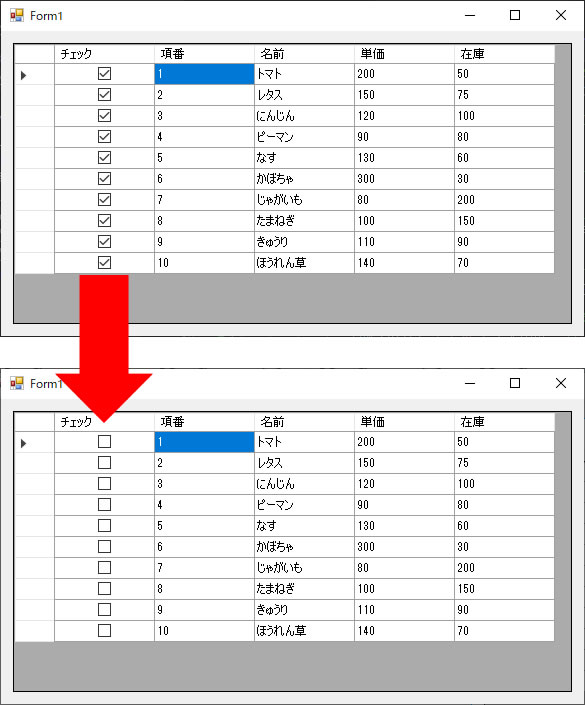 C#】dataGridViewに追加したチェックボックスの列のヘッダをクリック