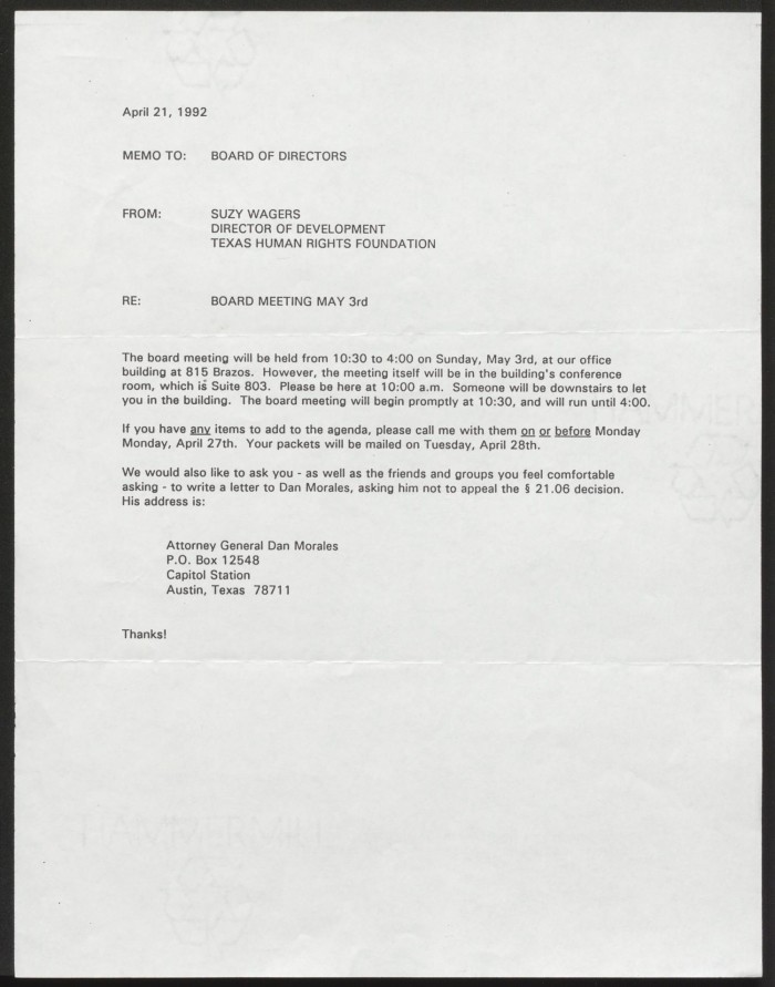 Letter from Suzy Wagers to the Texas Human Rights Foundation Board