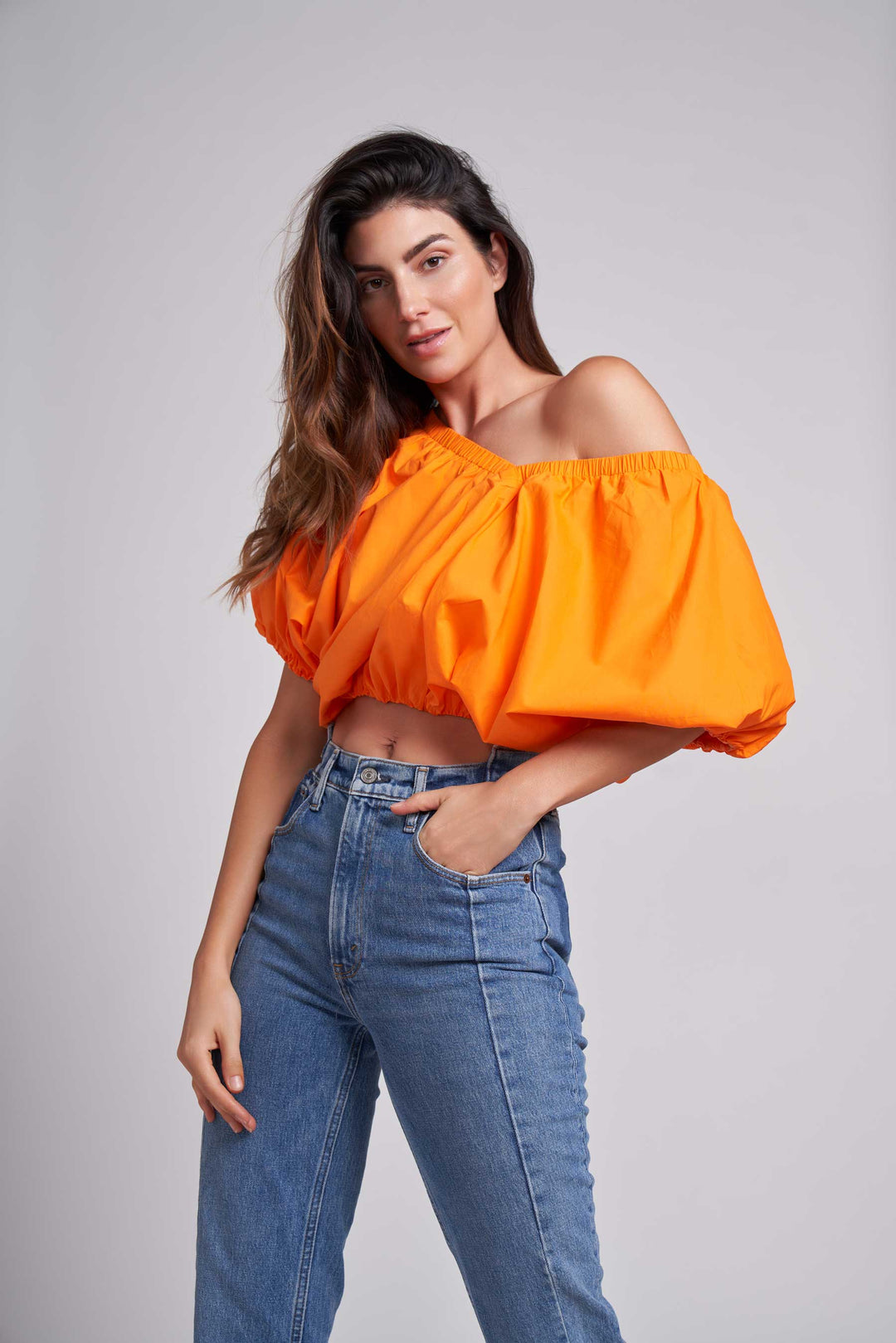Orange Maya Cropped Balloon Sleeve Top – Caldwell Collection
