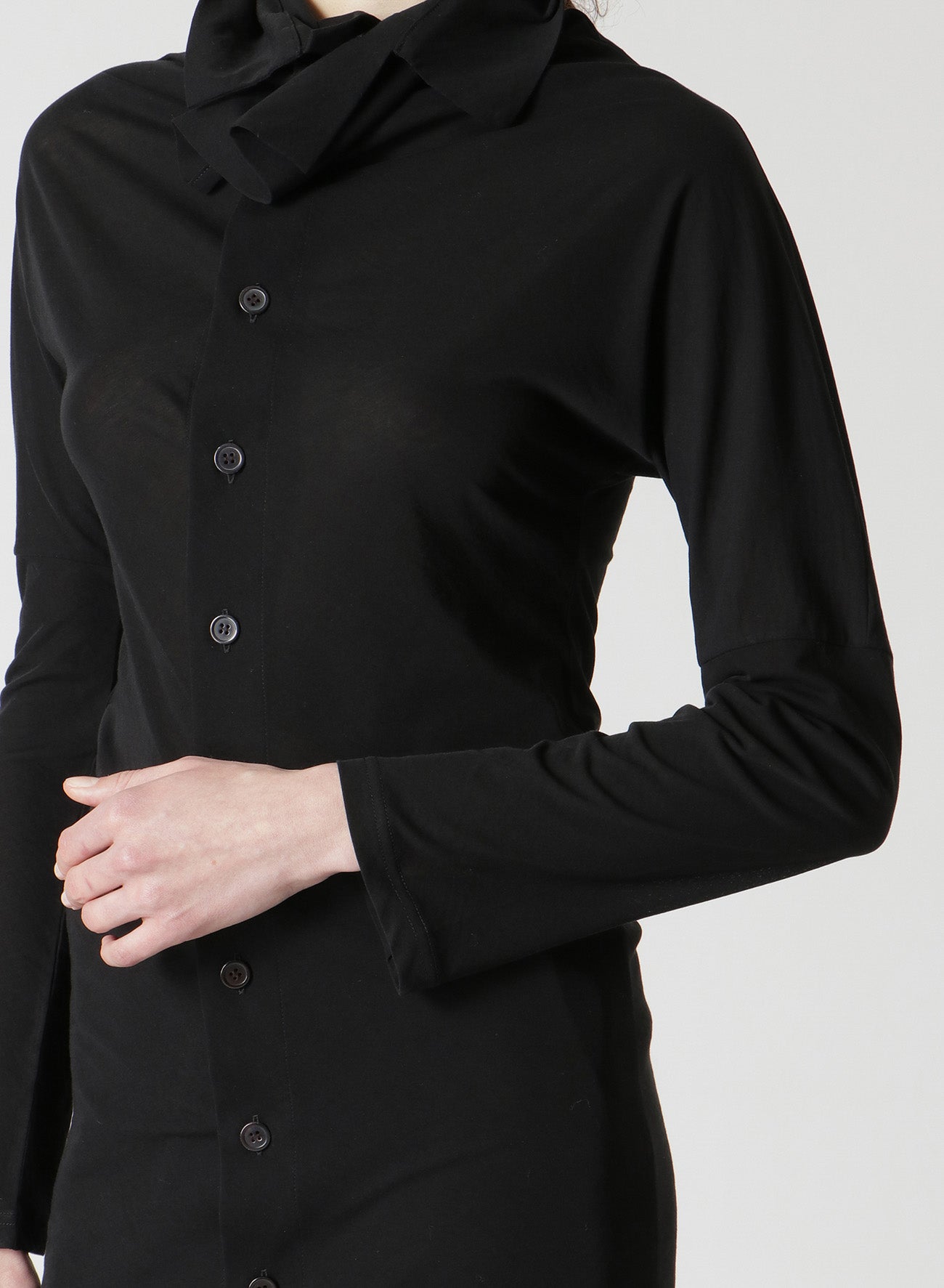 COSMORAMA COTTON DRAPED LONG SLEEVE BUTTON-UP TURTLENECK TOP – THE