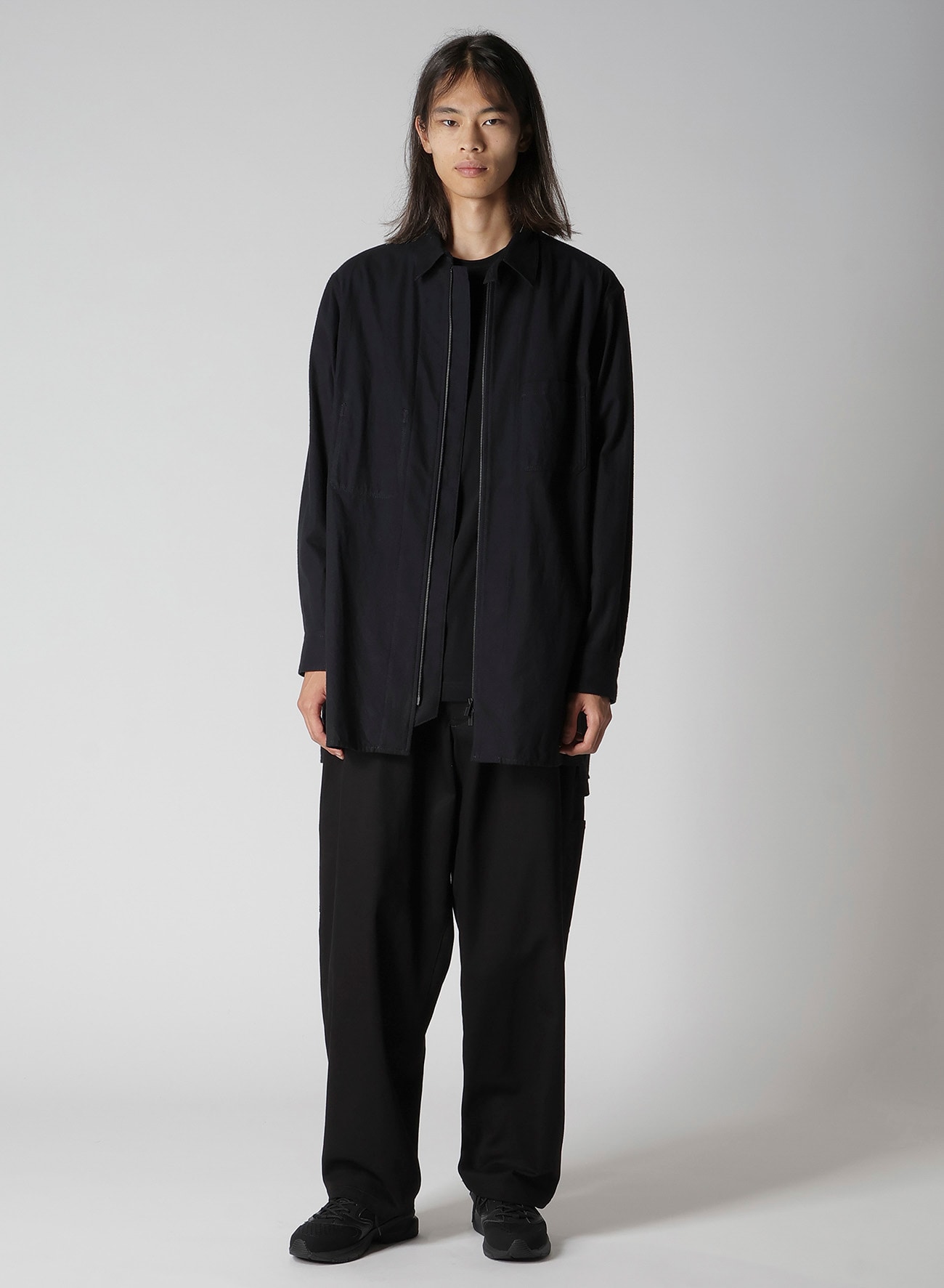 COTTON FLANNEL CHAIN STITCH FRONT ZIP SHIRT(S Black): Y's for men