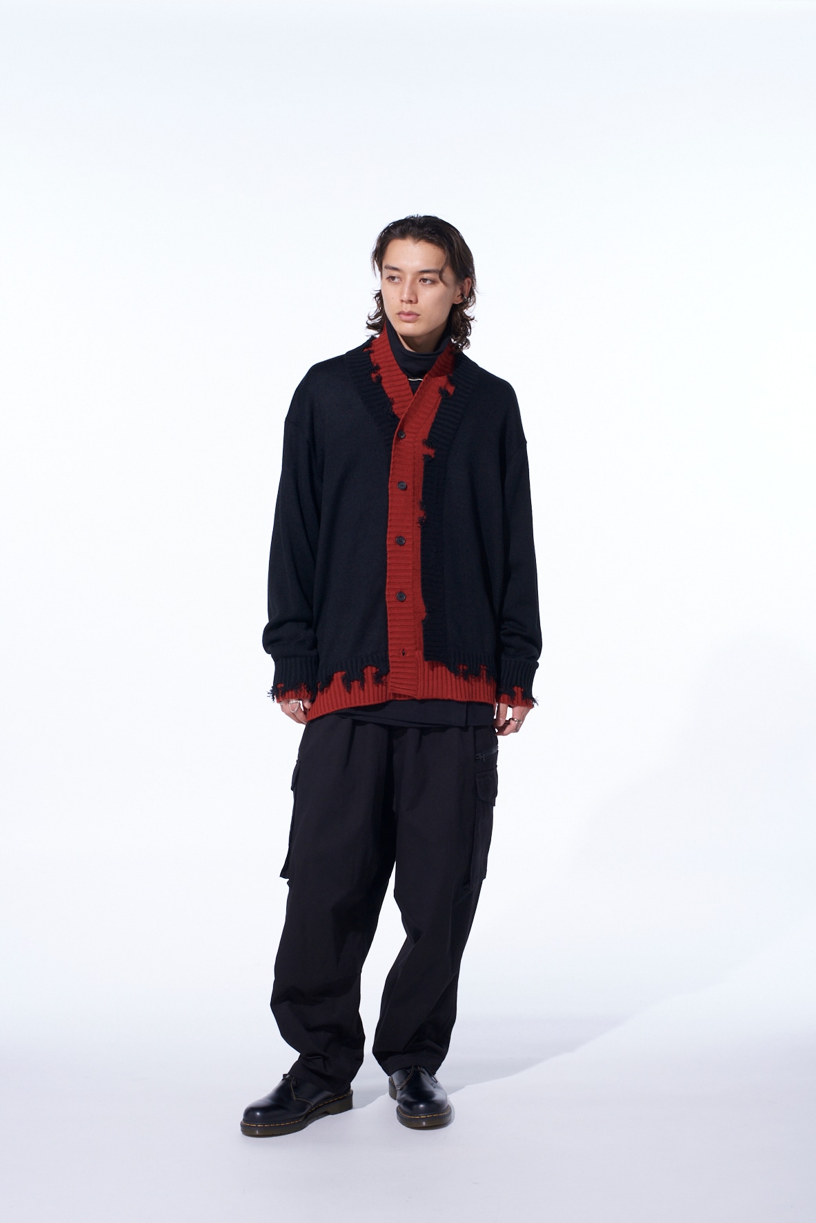 CORPILON BULKY WOOL COLOR-BLOCKED DAMAGE CARDIGAN(M Black x Terra